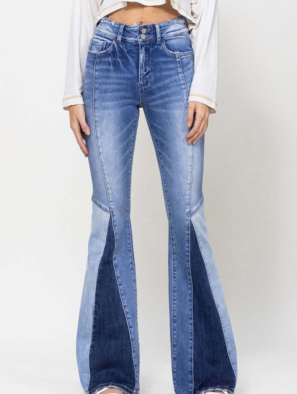 NEW VERVET High Rise Bella Patchwork Colorblock Flare Jeans 31 Festival Hippie